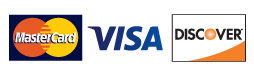 Image of accepted credit and debit card company logos: Mastercard, Visa, and Discover.