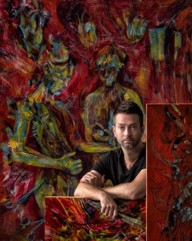 Person in front of red painting.