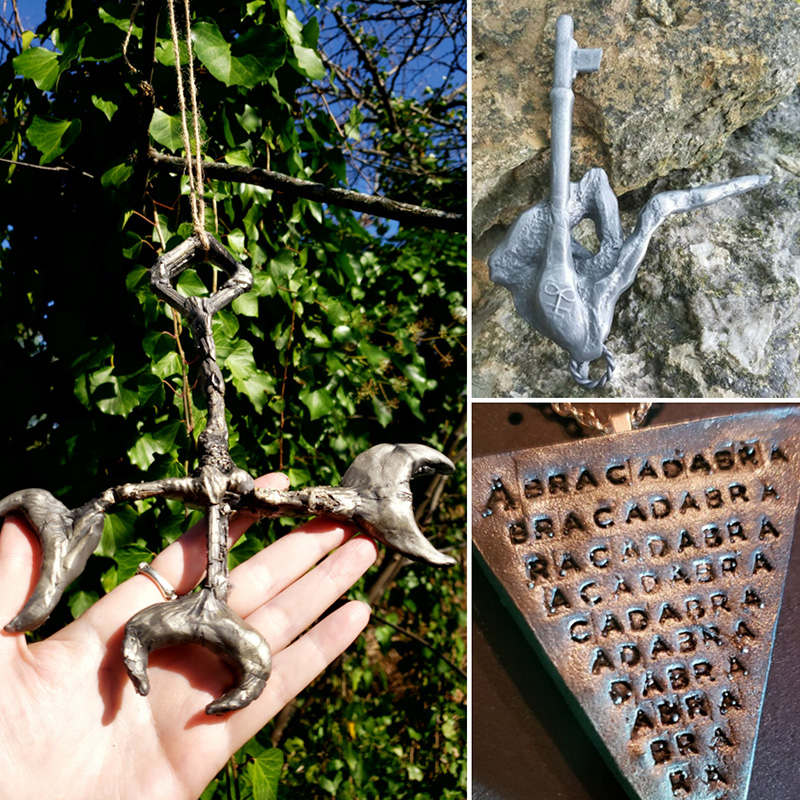 A variety of cast metal sculptures.
