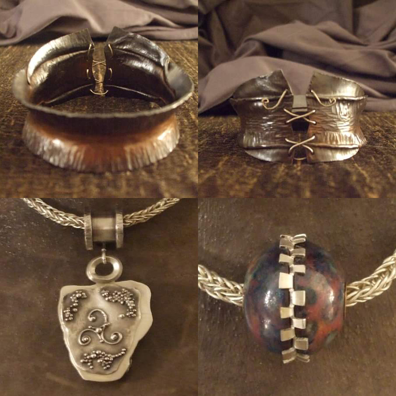 A collage of four images showing finely wrought rings and necklaces.
