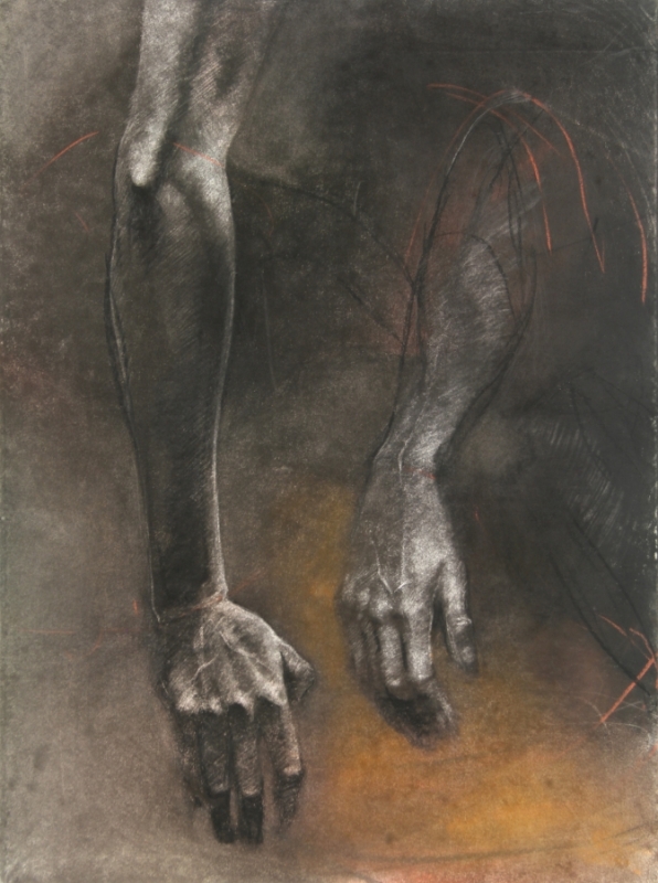 A mixed media study of arms and hands.
