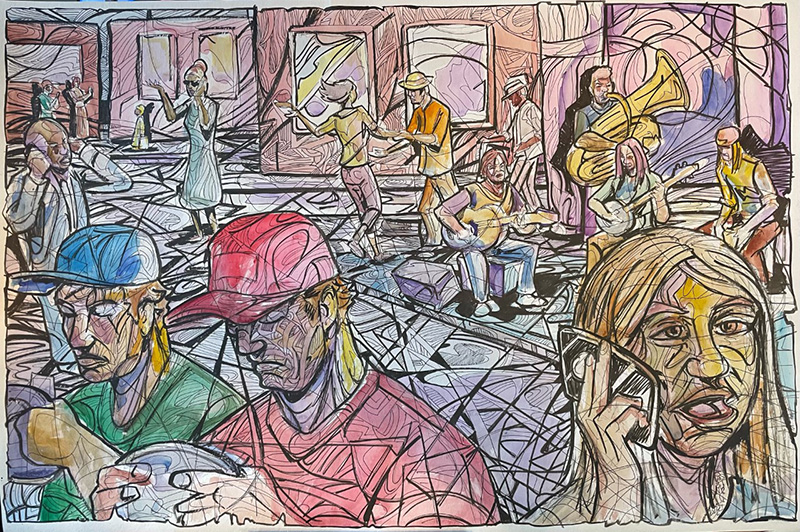 A colorful drawing of a busy street scene.
