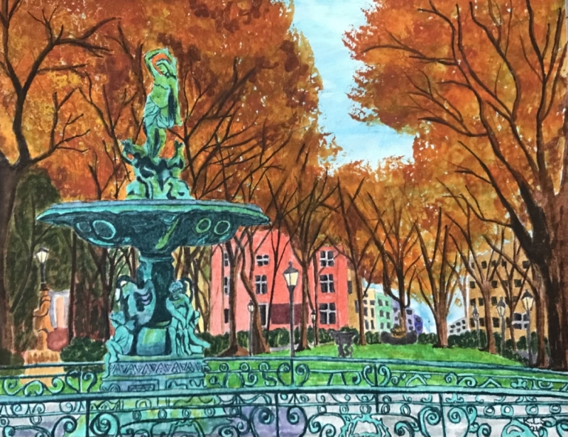 A painting of a water fountain plaza in autumn.